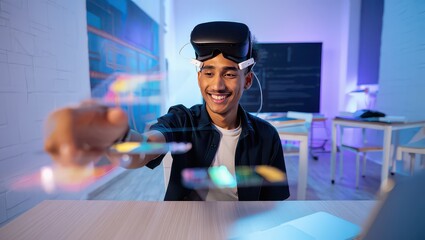 A smiling student using VR technology for immersive learning in a futuristic classroom.