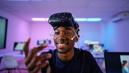 Young man exploring a digital world with VR headset and brain-computer interface technology