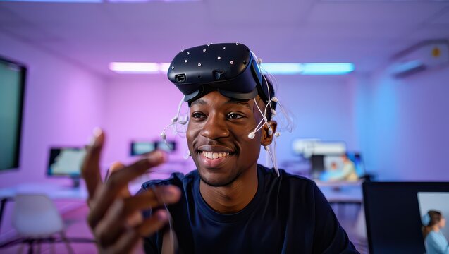 Young man exploring a digital world with VR headset and brain-computer interface technology
