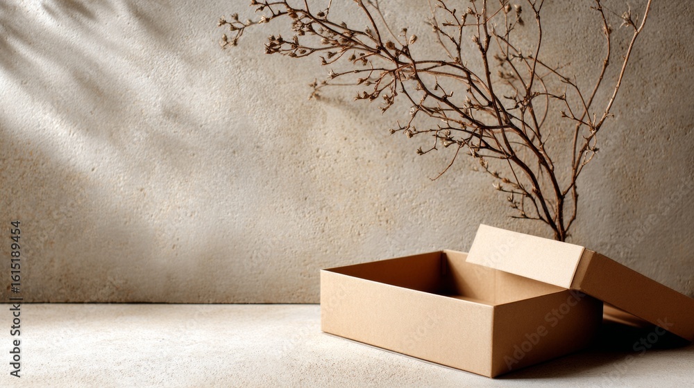 Poster cardboard boxes and dry branch shadow on neutral background in minimal natural packaging display