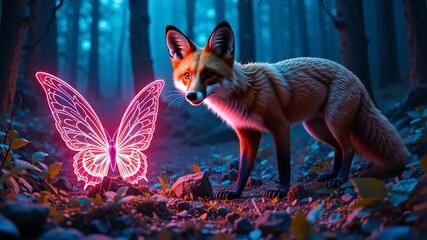 Red fox standing near glowing pink butterfly in mystical forest with blue fog and tall trees. Concept of magical wildlife and fairy tale nature - Powered by Adobe