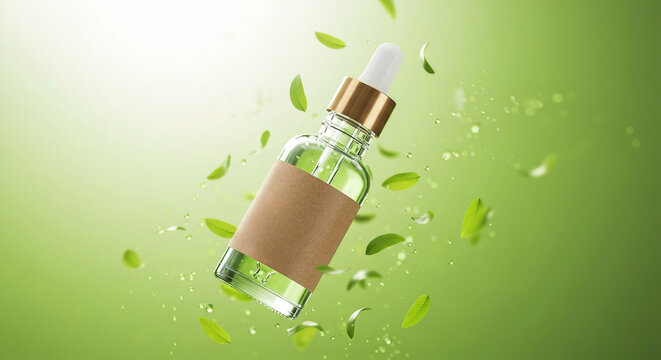 Floating serum bottle with kraft-paper blank label surrounded by fresh leaves and water droplets in a vibrant setting