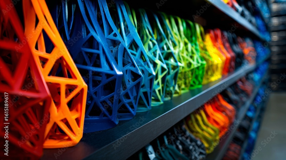 Poster colorful 3d geometric objects on shelves in gradient rainbow pattern inside modern store setting