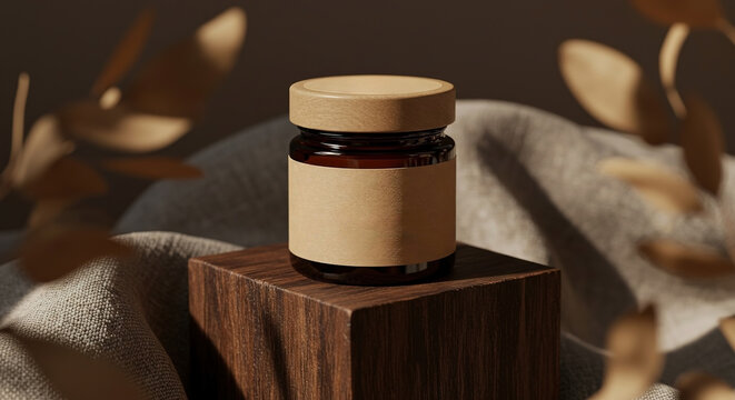 Elegant jar placed with bamboo cap and kraft paper label on a wooden block with soft fabric backdrop and decorative leaves in a minimalistic setting