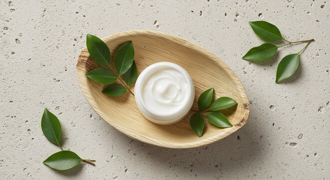 Cream in a wooden bowl surrounded by green leaves on a textured surface for natural skincare