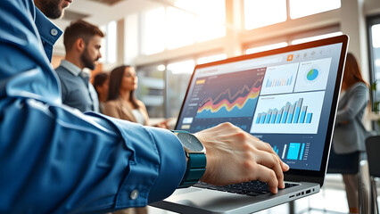 Professional individual uses a laptop to analyze business data and financial charts in a modern office setting.