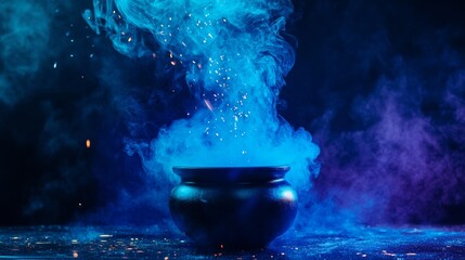 Blue mystical smoke emerging from black bowl on vibrant pink background in magical fantasy scene