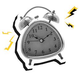 A ringing classic alarm clock with contemporary art, modern collage style reminder bell illustration on transparent background