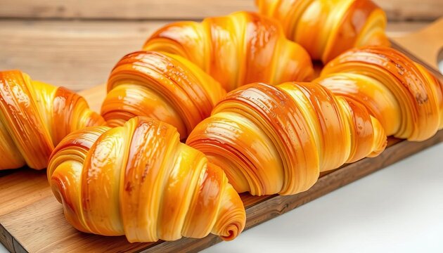 Golden croissants arranged on rustic wooden board, isolated on white, image, board