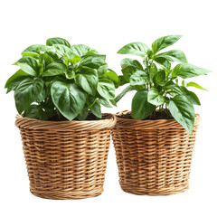 Naklejka premium Vibrant green basil plants in woven baskets adding freshness to home decor on transparent background