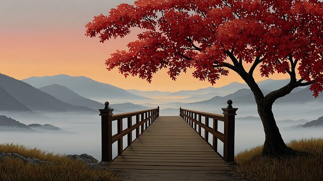 Serene autumn bridge leading to misty mountains under a vibrant red tree