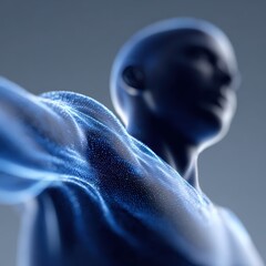 Abstract background: Flowing data streams forming a human body outline, representing comprehensive health data. Analytics, insights. Blue, intricate.