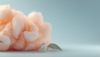 Soft peach cloud formation, airy and light, resting on a pale surface. Hints of leaf silhouettes add subtle nature touches against a serene, muted backdrop