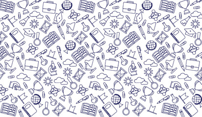 Seamless pattern background with hand-drawn blue doodle icons for science and education.