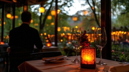 Romantic Outdoor Dining at Dusk Warm Lighting and Lush Greenery