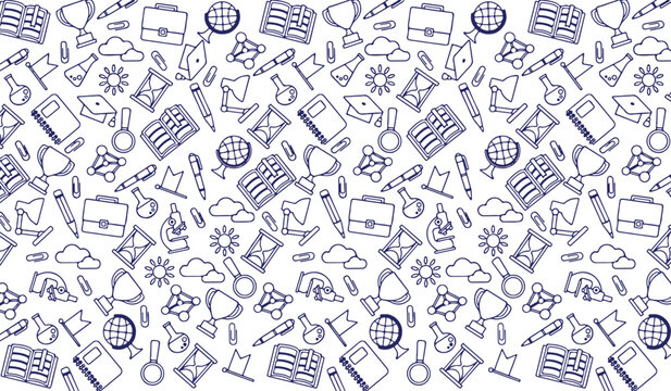 Seamless pattern background with hand-drawn blue doodle icons for science and education.