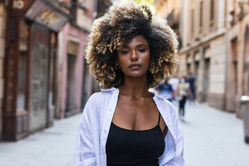 African American black woman in city serious face