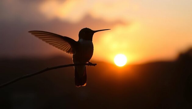 Hummingbird silhouette sharply defined against a vibrant, golden sunset in Mindo, Ecuador,  flower,  wildlife