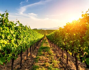 Lush vineyard rows stretching to golden sunset
