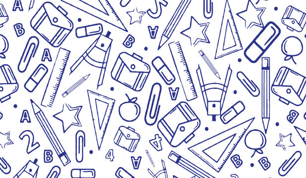 Educational background with a seamless doodle pattern of various school supplies in blue line art style.