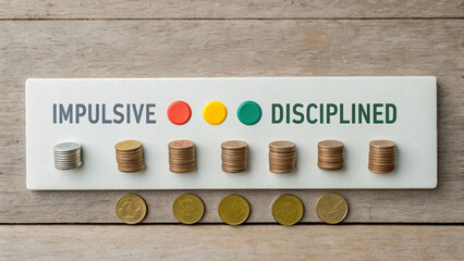 Financial awareness campaign promotes saving. A visual representation of financial choices showing impulsive vs. disciplined saving behavior with coins.
