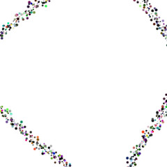 Abstract arrangement of colorful, randomly scattered dots creating a unique border. These dots come in a variety of hues and are set against a blank backdrop. The image creates a sense of playfulness.