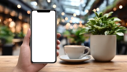 Hand holds phone with blank screen on wood table. Coffee cup and plant nearby, blurred background showing indoor caf? or restaurant