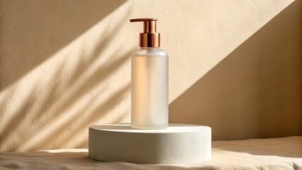 Frosted glass pump bottle with rose gold dispenser on pedestal
