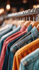 Close-up of colorful casual shirts on wooden hangers in a clothing store with soft background lights, perfect for fashion retail, wardrobe organization and shopping visuals