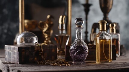 Vintage glass bottles and perfume flasks on antique wooden table in moody luxurious retro setting