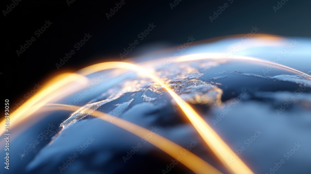Poster abstract background: flowing luminous threads forming a global map with economic hotspots, dynamic w