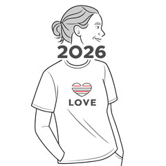 Woman wearing a t shirt with the word love and a heart symbol with the year 2026