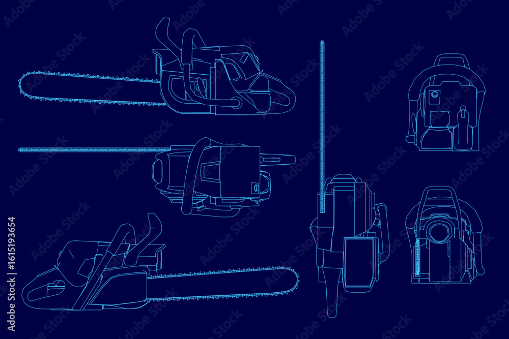 Poster a detailed blueprint of a chainsaw on a blue background highlights the machine's intricate contour a