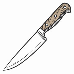 A hand drawn illustration of a sharp chef knife with a wooden handle on a white background