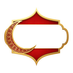 A decorative red and gold frame with a crescent moon islamic design element on transparent background