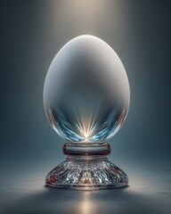 Textured White Egg Balancing on Intricate Crystal Base with Radiant Underglow, Futuristic Metaphor for Innovation, Purity, and Potential, Ideal for Tech, Science, or Spiritual Themes