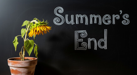 A withered sunflower in a terracotta pot stands next to the phrase "Summer's End" written in white chalk on a black chalkboard. Ideal for themes of autumn, change, nostalgia, and school