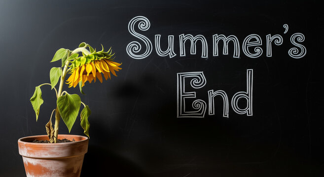A withered sunflower in a terracotta pot stands next to the phrase "Summer's End" written in white chalk on a black chalkboard. Ideal for themes of autumn, change, nostalgia, and school