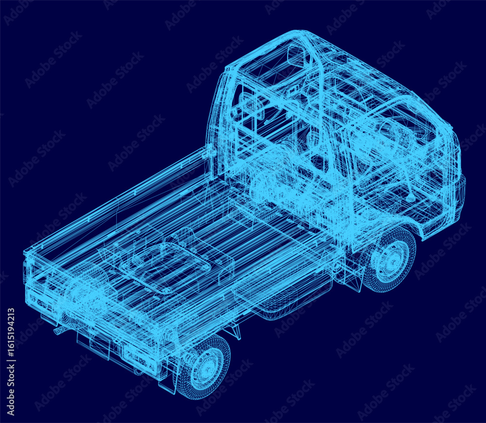 Poster a 3d wireframe model of a cargo truck displays intricate structural details on a solid blue backgrou