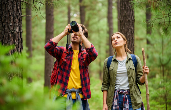 Two people in the outdoors enjoy an adventure, exploring the pine forest while observing their surroundings with a camera and stick
