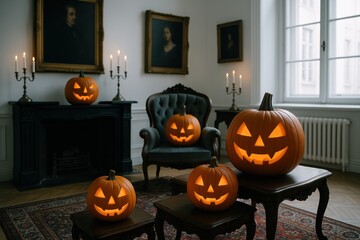 Obraz premium Shadowy room adorned with glowing jack-o'-lanterns on vintage furniture, creating spooky atmosphere for halloween celebration with flickering candles and antique portraits