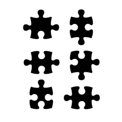 Fototapeta premium Six White Outline Puzzle Pieces on Black Background: Teamwork, Solution, Connection Concept