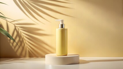 Yellow cosmetic bottle with tropical leaf shadows on a pedestal