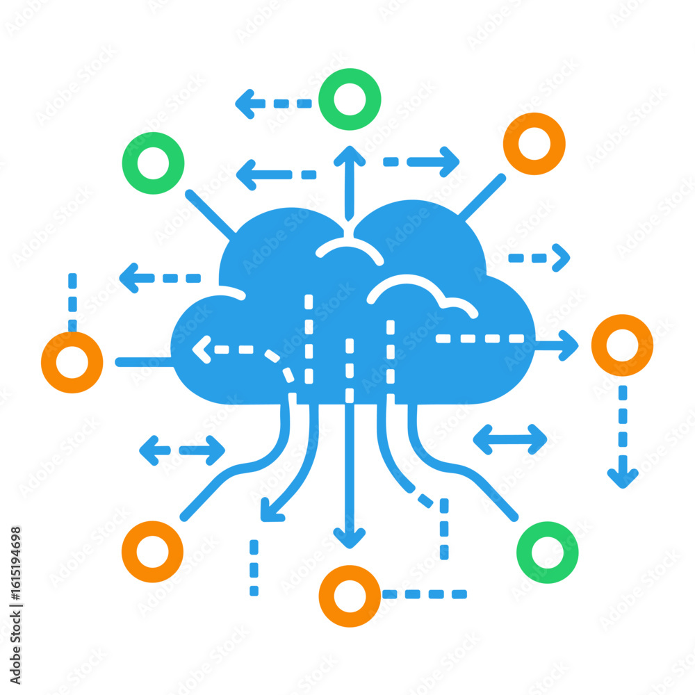 Poster this vibrant illustration depicts a central cloud processing unit facilitating global data exchange 