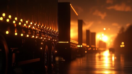 Silhouetted Semi Trucks on Wet Highway at Sunset