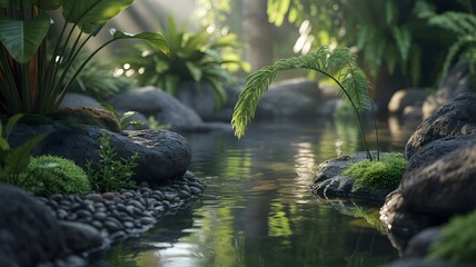 Discover serene zen garden pond with lush green plants and smooth stones