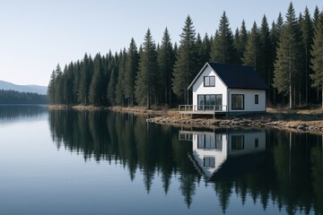 Fototapeta premium Serene lakeside house surrounded by pine forest reflecting in calm water under clear blue sky, conveying peaceful solitude and tranquility in nature