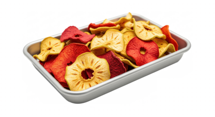 Crispy Apple Chips in Metal Tray Isolated