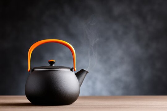 Modern black teapot with orange handle on wooden table