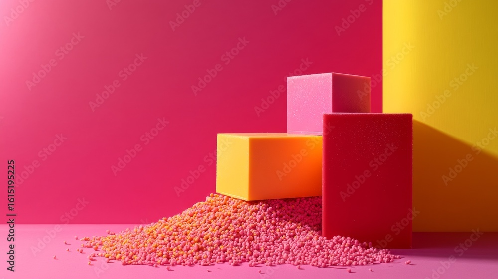 Poster colorful geometric blocks and textured grains on vivid background in modern abstract design composit
